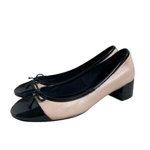 Cole Haan Leather Ballet Classic Patent Cap Toe Block Heel Black and Cream Pump